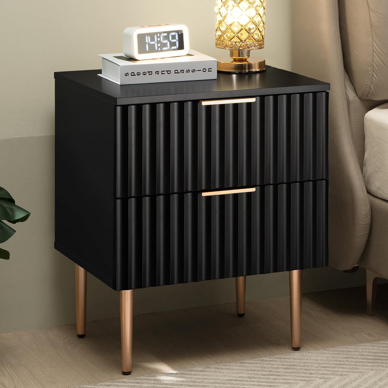 SICOTAS Black Night Stand Set 2, Fluted Glossy Nightstand with 2 Drawers, Wide Modern Storage Bedside Table for Bedroom, End Side Table with Golden Metal Legs and Handles (Black, 1 Piece)