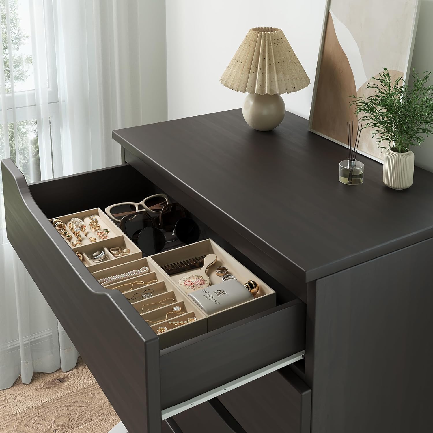 Brown Tall 5 Drawer Dresser for Bedroom with Hidden Storage Design, Large Modern Closet Dressers & Chests of Drawers with Cut-Out Handles, 27.6" L*15.8" W*45.3" H for Bedroom, Living Room, Nursery