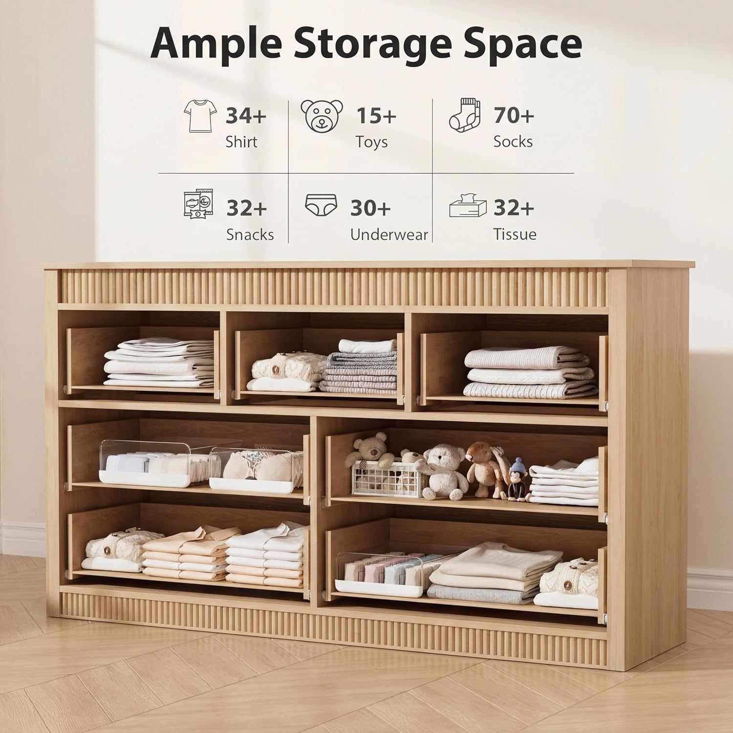 GarveeHome 7 Drawer Dresser for Bedroom, 54" Wide Fluted Wooden Chest of Drawers, Modern Long Storage Dresser Organizer for Living Room, Hallway, Entryway, Natural Oak