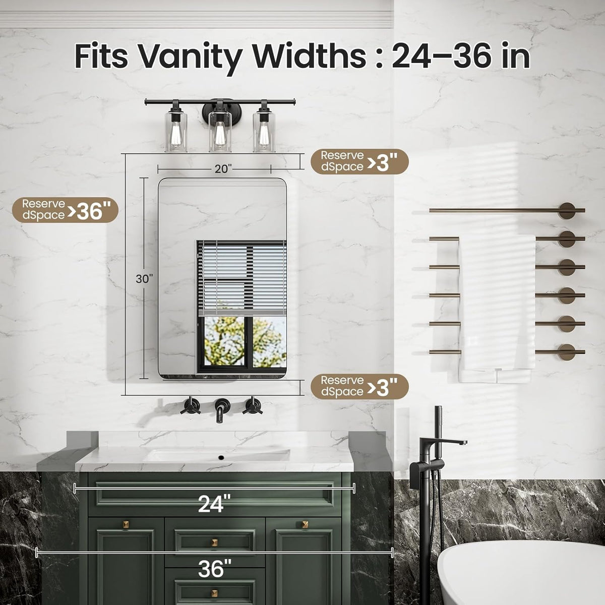 Bathroom Medicine Cabinet with Mirror, 20x30 Inch Recessed or Surface Mount Wall Organizer, Fits Tall Bottles, 6 Adjustable Glass Shelves, Soft Close DTC Hinges, Matte Black, Pre-Assembled