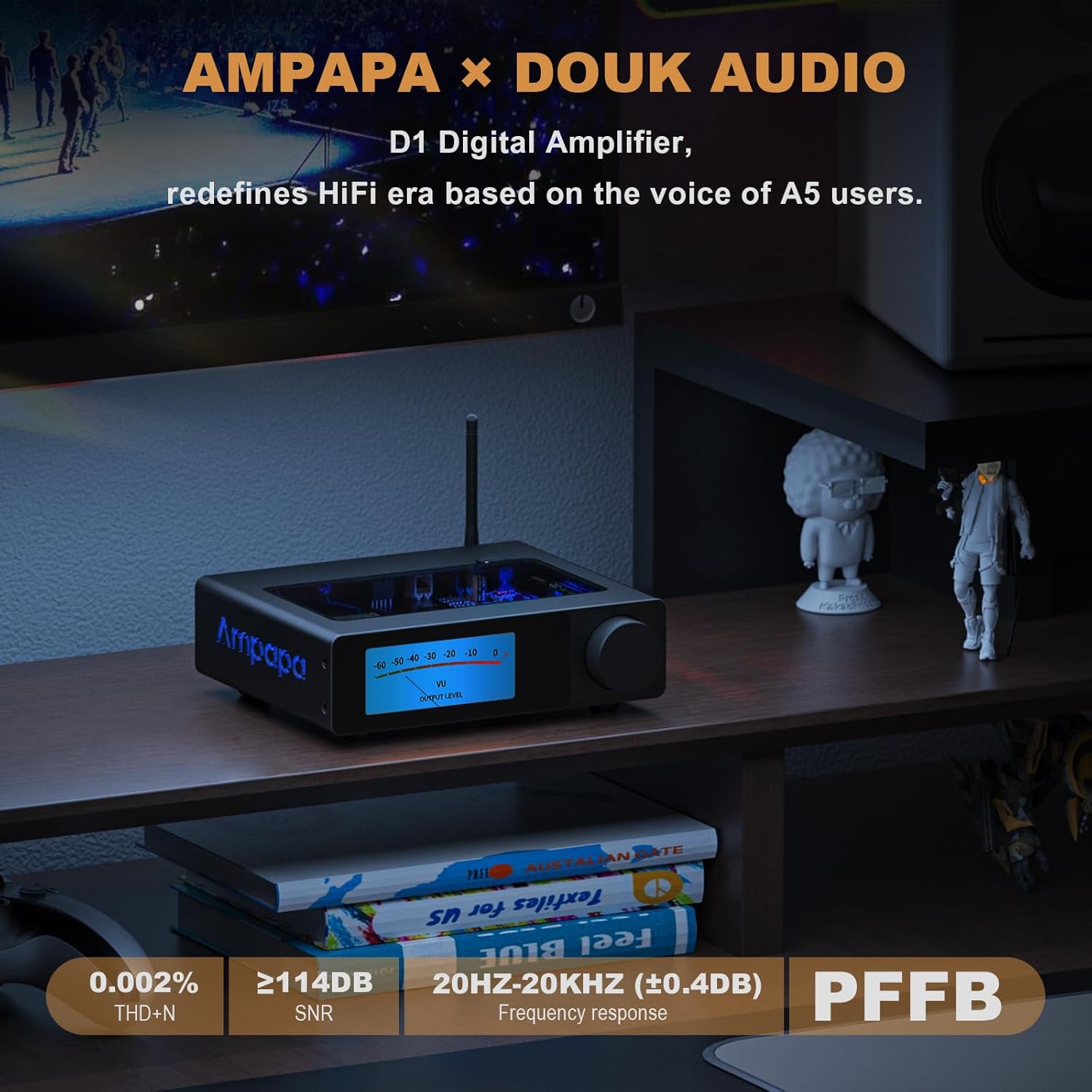 2 Channel Bluetooth Amp: HiFi 300W x2 Stereo Amplifier with BT 5.2 | HPF | Digital VU Meter | SUB Pre-Out | TRS Balanced Input | Tone Control & Remote for Home Theater Bookshelf Speakers (D1)