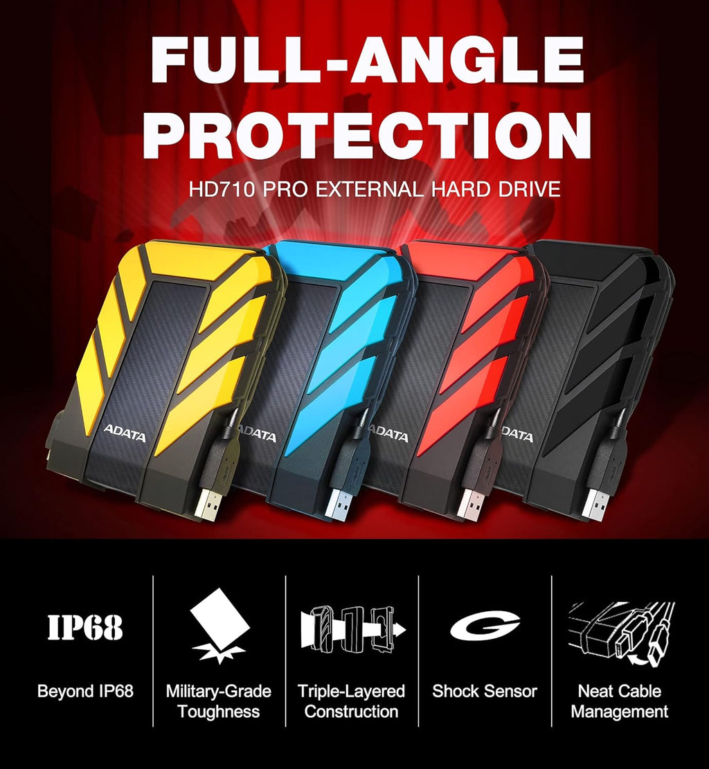ADATA HD710 Pro - 2 TB External Hard Drive - Shockproof, Waterproof & Dustproof - Durable Storage - For Gamers, Students & Professionals - Mac, PC & Linux Compatible - Blue - AHD710P-2TU31-CBL