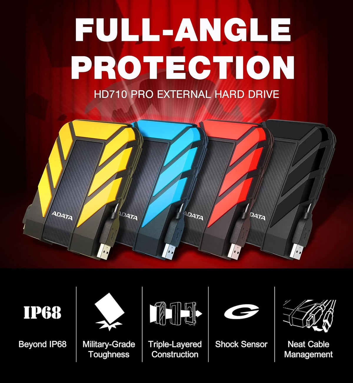 ADATA HD710 Pro - 2 TB External Hard Drive - Shockproof, Waterproof & Dustproof - Durable Storage - For Gamers, Students & Professionals - Mac, PC & Linux Compatible - Blue - AHD710P-2TU31-CBL