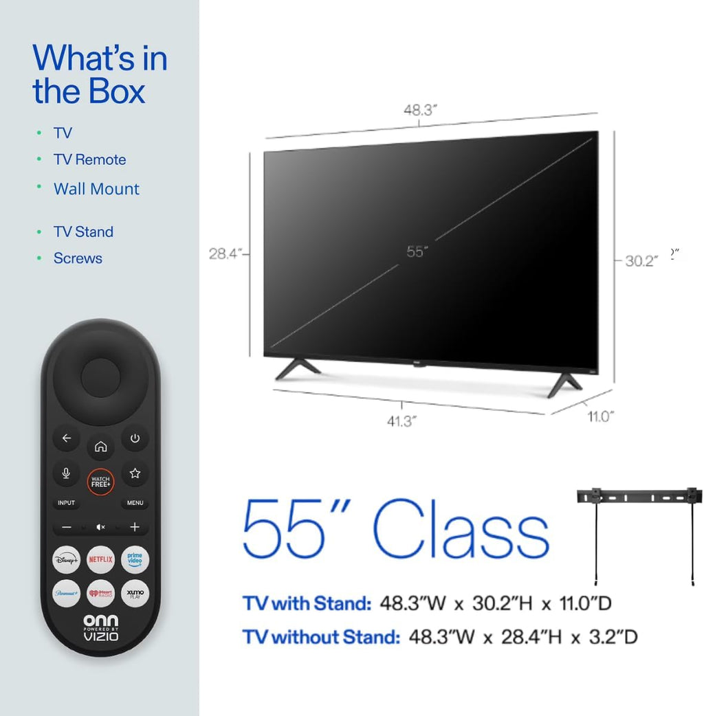 ONN Smart TV 55" Powered by VIZIO Technology Class 4K UHD, Bluetooth, DTS:X and DTS:Virtual X, 60Hz Refresh Rate, Dolby Vision HDR, Smart Home + Free WallMount - 55S4V1 (Renewed)