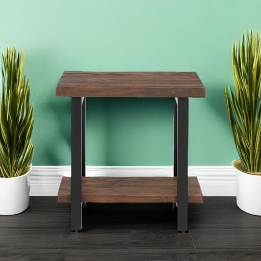 Alaterre Furniture Pomona Living Room 2-Tier Solid Wood End Table with Natural Finish and Metal Legs – Modern Farmhouse Accent or Home Décor (Rustic Brown)