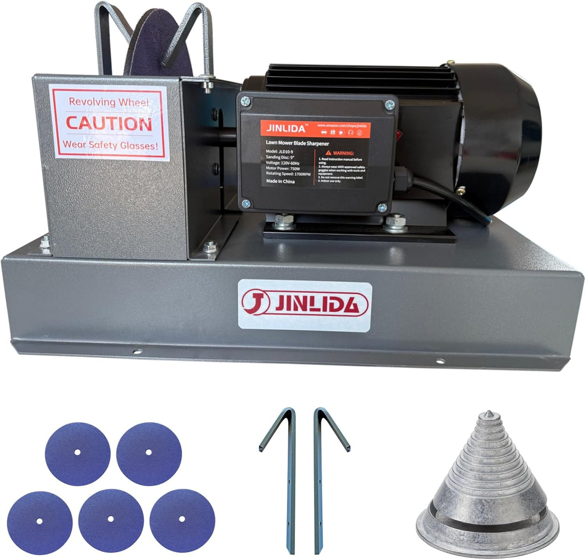 JLD10-9 Lawn Mower Blade Sharpener, 1HP 750W Lawn Lawnmower Blade Grinder with 9-inch Ceramic Grinding Wheel and Balancer and 5 Sanding Discs