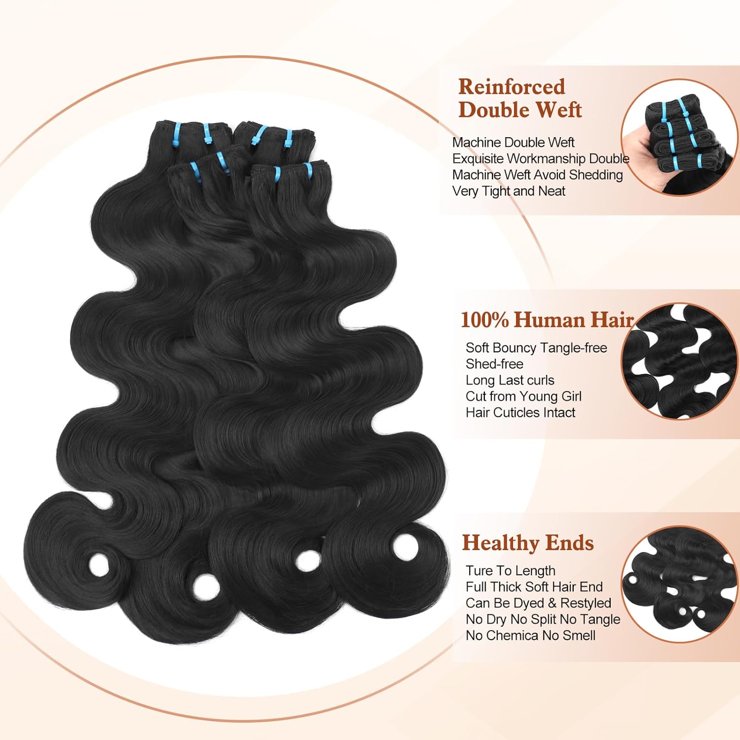 18A Raw Human Hair Bundles Body Wave 16 16 18 18 Inch, 100% Real Bundle Human Hair 4 Bundles, Triple Lifespan Virgin Remy hair Natural Color (16 16 18 18 Inch)