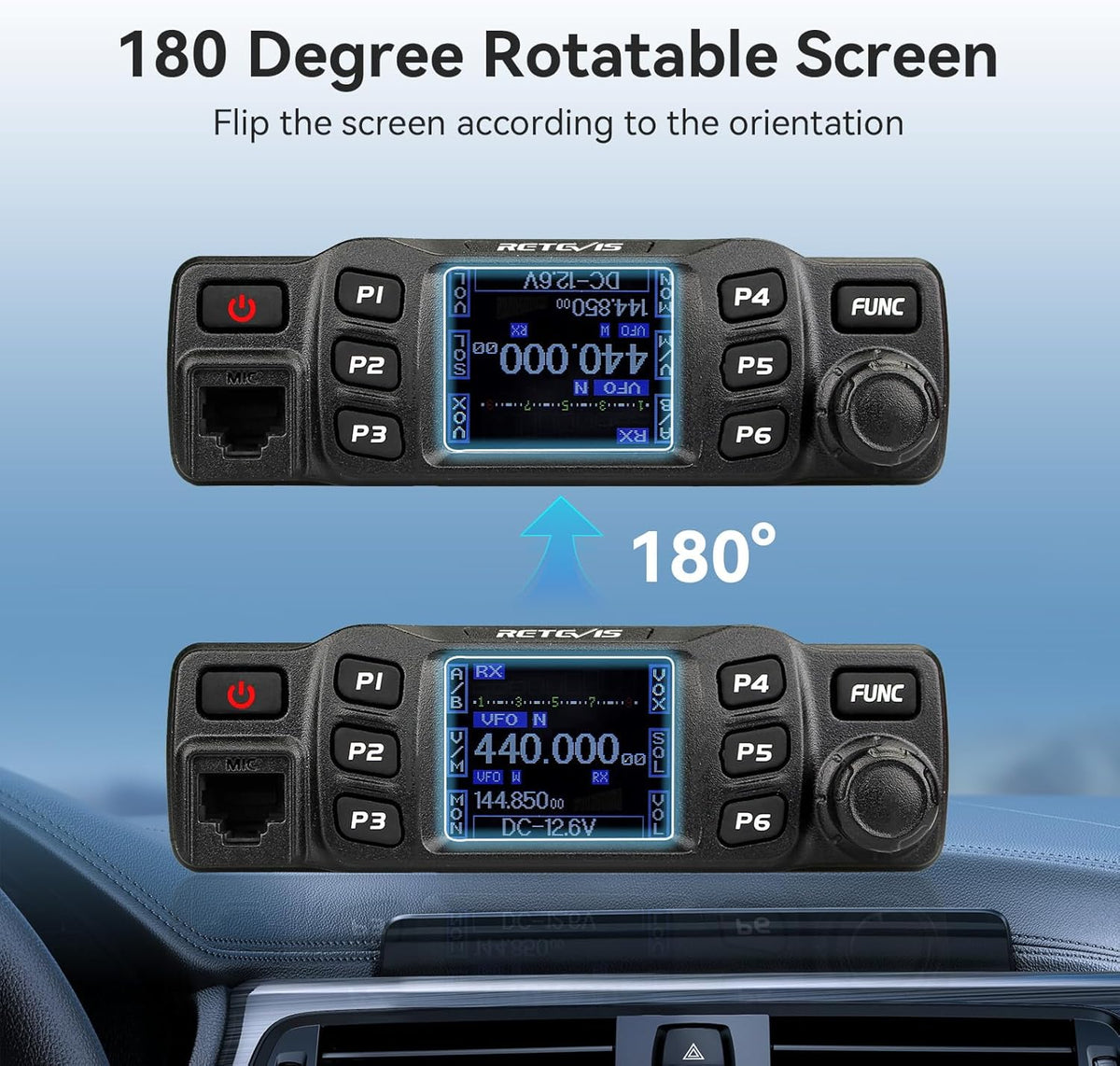 Retevis RT95 Dual Band Mobile Radio, Long Range Ham Radio with Antenna, 180 Degree Rotatable LCD Display, Mic Gain, Chirp, DTMF, 2m 70cm Mini Mobile Transceiver for RV Camping