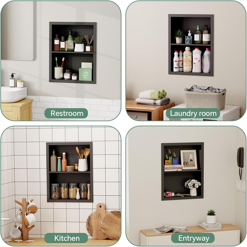 Stainless Steel Recessed Medicine Cabinet 14''*18'', Rust-Proof Metal Wall Niche, in Wall Shower Niche Shelf Insert Replacement, Recessed Medicine Cabinets for Drywall, Bathroom Storage, Black