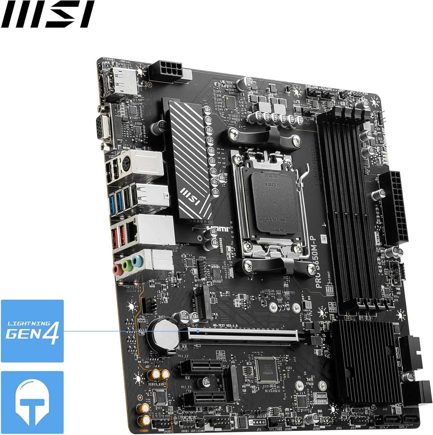 MSI Pro B650M-P AM5 mATX Motherboard, AMD B650 Chipset, 4X DDR5 Slots, 192GB Max Memory, 1x PCI-E x16, 2X M.2 Storage Slot, 4X SATA 6G, Realtek 8125BG 2.5G LAN, HDMI/DP/VGA - Black