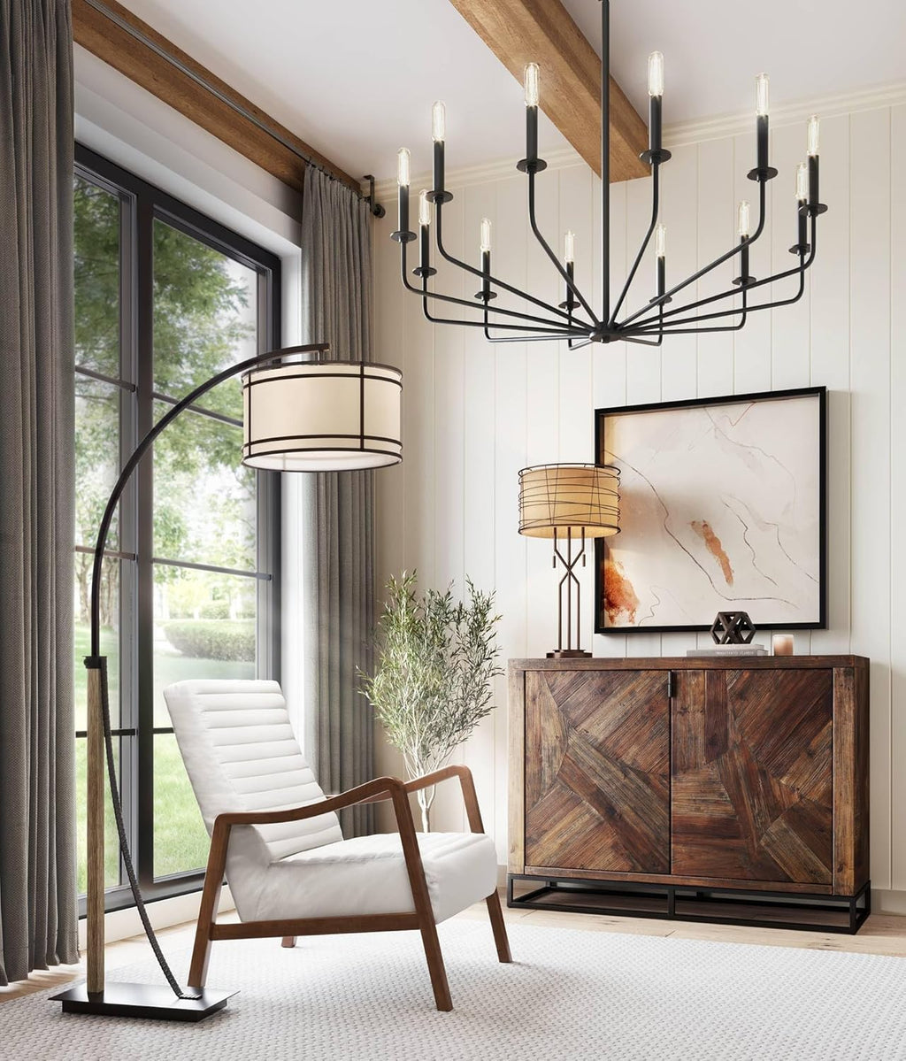 Franklin Iron Works Gentry Industrial Rustic Farmhouse Arc Floor Lamp 71 1/2" Tall Oil Rubbed Bronze 2-Light Oatmeal Fabric Drum Shade for Living Room Reading Bedroom Office House Home Decor