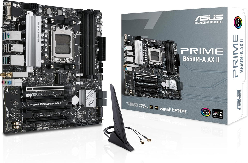 ASUS Prime B650M-A AX II AMD B650 AM5 Ryzen™ Desktop 9000 8000 & 7000 Micro-ATX mATX Motherboard, DDR5, PCIe 5.0 M.2, 2.5Gb LAN, Wi-Fi 6, DisplayPort, HDMI®, BIOS Flashback™ (Renewed)