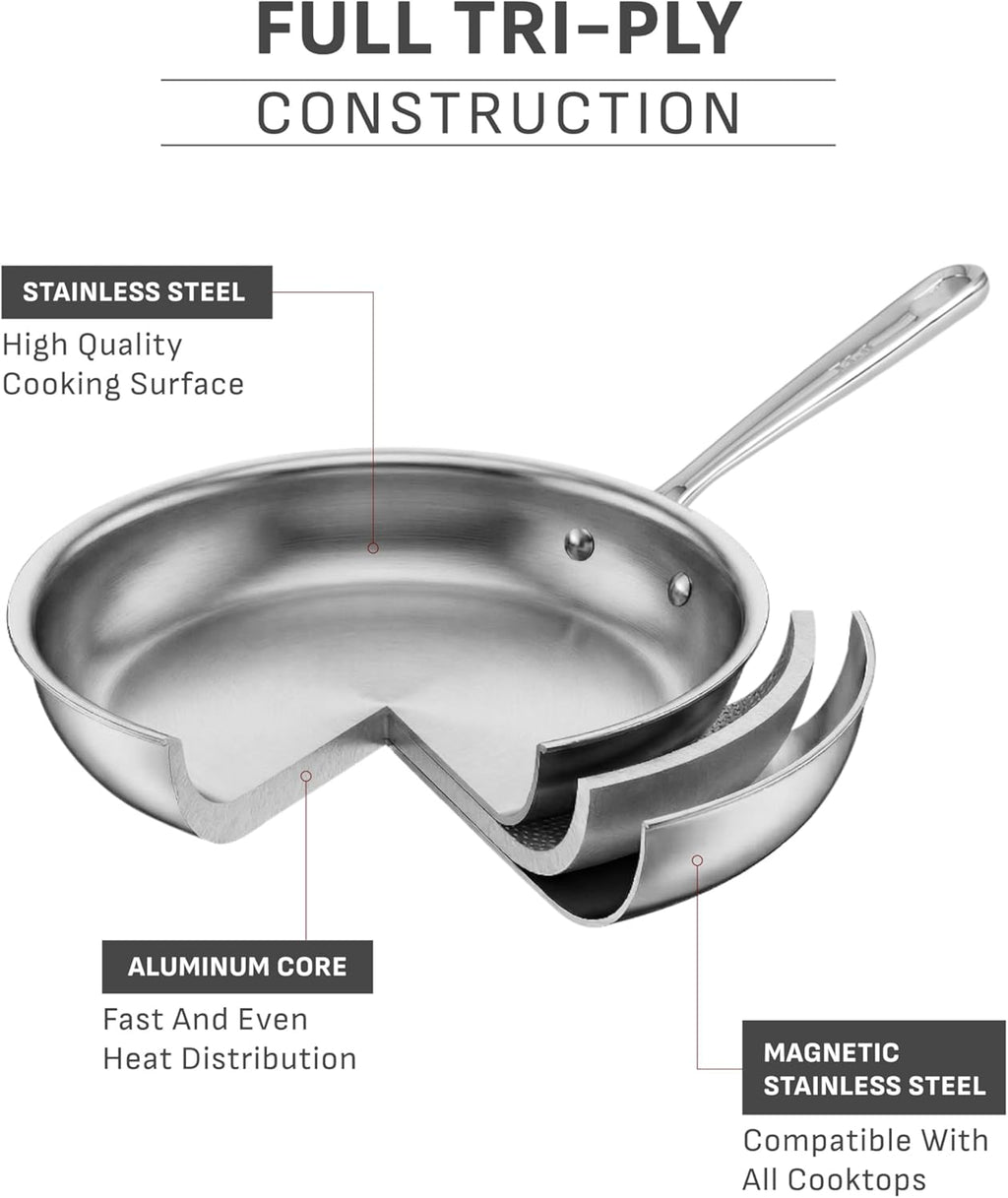 T-fal Pro Tri-Ply Stainless Steel Cookware Set, 10 Piece-Induction Compatible, Oven Safe 500F, Lids-350F, Even Heat, Professional Quality, Durable, Induction Pots and Pans Set, Silver