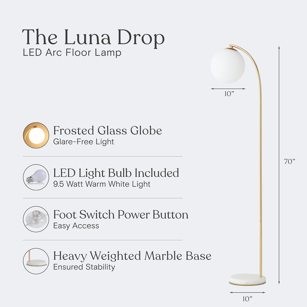 Brightech Luna Drop 75 in. Antique Brass Modern 1-Light LED Energy Efficient Floor Lamp with Frosted White Glass Globe Shade FL-LNDRP-BRS