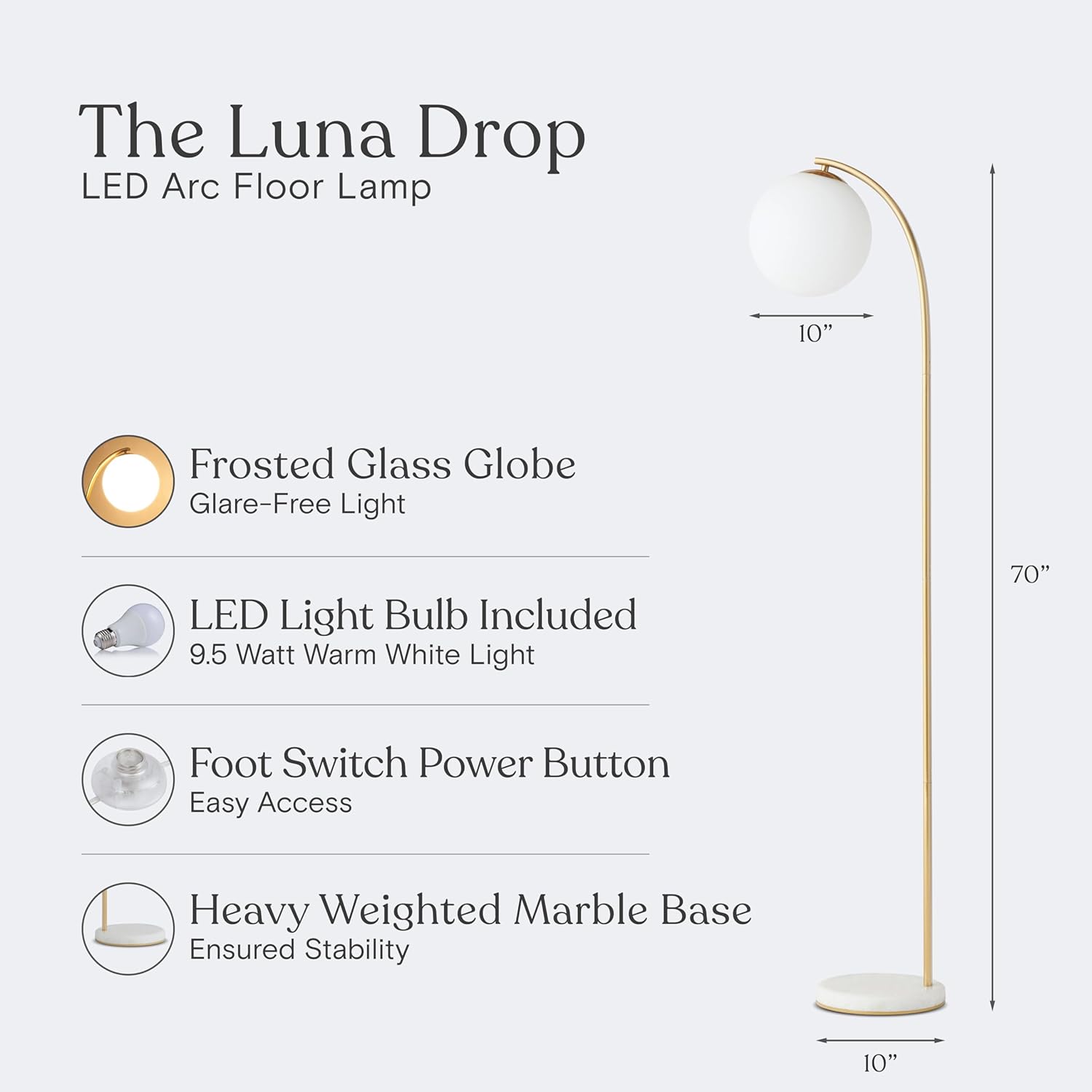 Brightech Luna Drop 75 in. Antique Brass Modern 1-Light LED Energy Efficient Floor Lamp with Frosted White Glass Globe Shade FL-LNDRP-BRS
