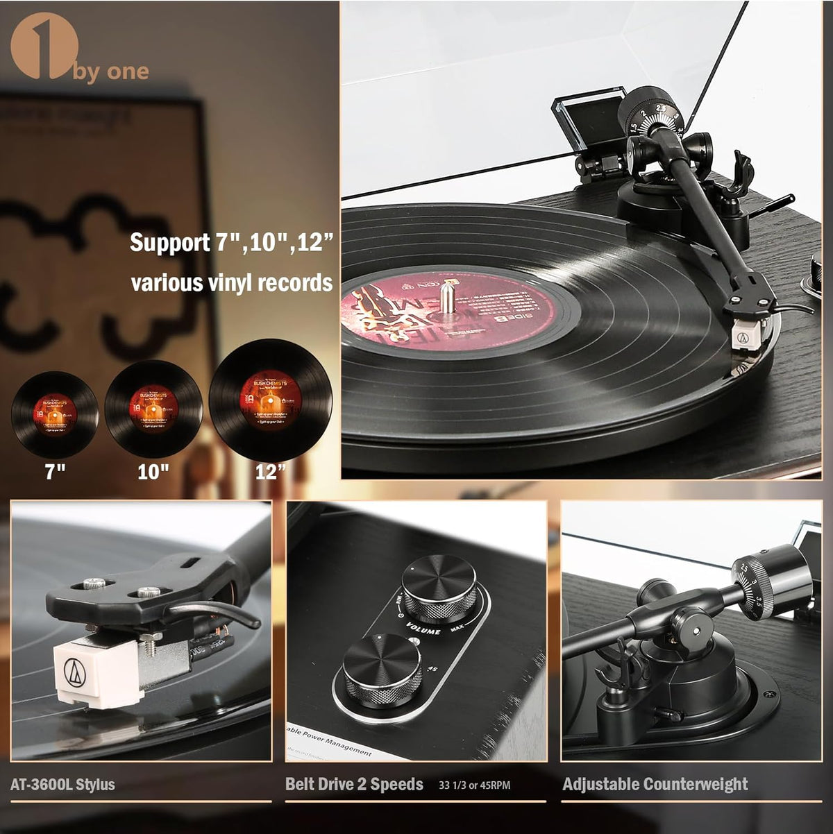 1 BY ONE High Fidelity All-in-One Record Player, Vinyl Turntable with Built-in Speakers, Magnetic AT-3600L Cartridge, RCA Line Out, Belt-Drive Stereo Turntable