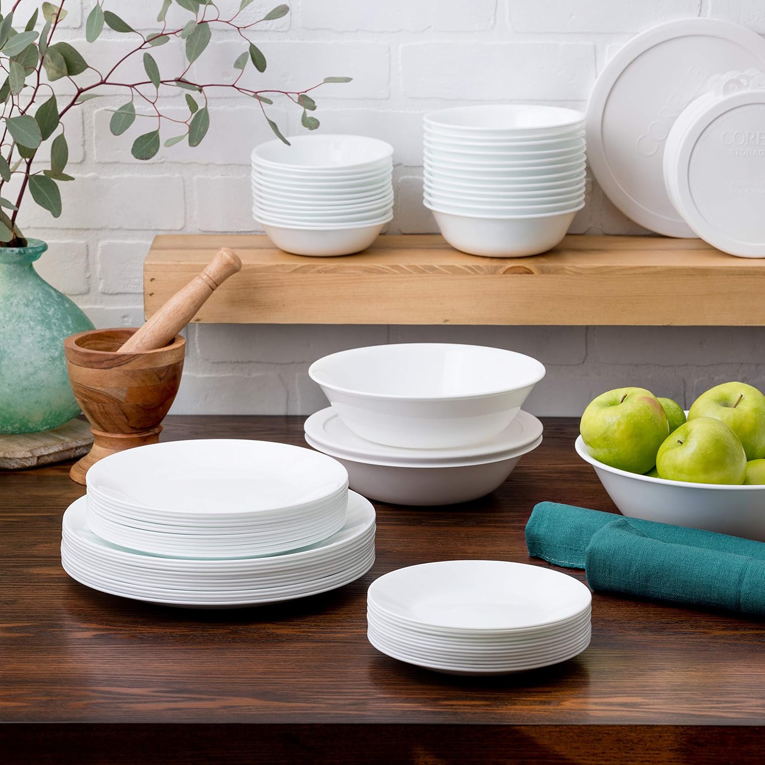 Corelle Vitrelle 78-Piece Service for 12 Dinnerware Set, Triple Layer Glass and Chip Resistant, Lightweight Round Plates and Bowls Set, Winter Frost White
