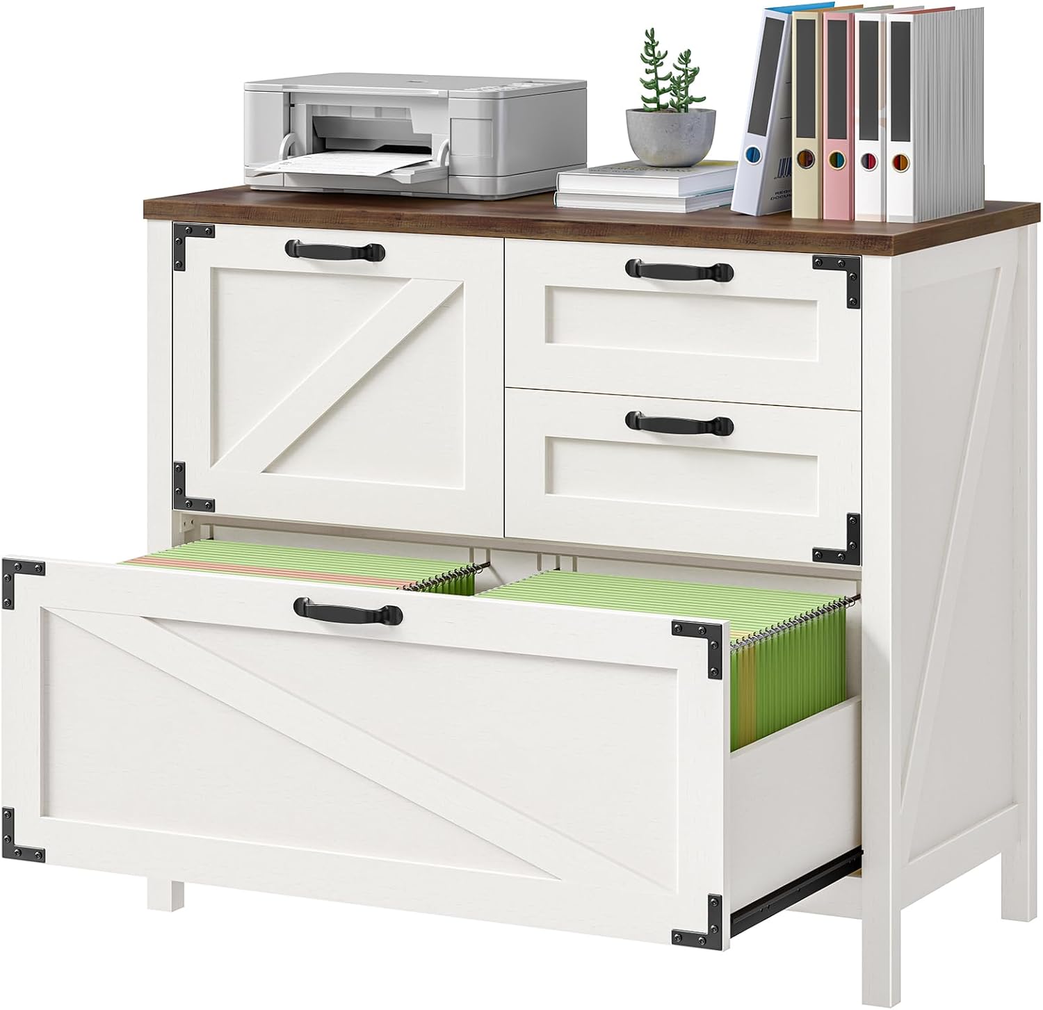 Wood Lateral File Cabinet with 4-Drawer for Hanging Files Letter/A4/Legal Size, Large Farmhouse Filing Cabinets for Home Office, Printer Stand with Office Cabinet, Office Furniture, White and Brown