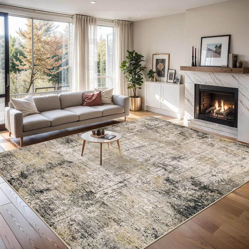 Area Rugs 9x12 Living Room - Washable Rug Modern Abstract Soft Large Neutral Non-Slip Carpet Indoor Floor Thin Carpets for Bedroom Dining Room Farmhouse Nursery Home Office Brown Black Grey