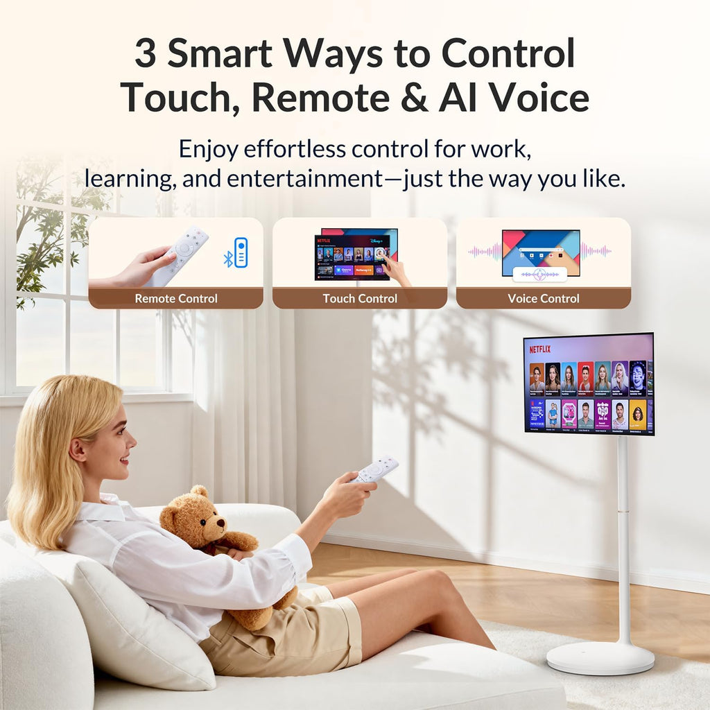 27-Inch Smart Portable TV on Wheels | Built-in 14-16H Battery | Qualcomm Snapdragon, 8+128GB Android 14 OS | EDLA Touch Screen, 13 MP Camera, Full Swivel Rotation, Remote & Voice Control