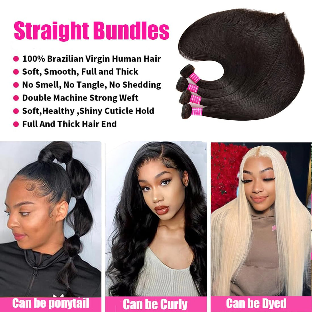 Straight Bundles Human Hair 22 24 26 28 Inch 4 Bundles Straight Hair 12A Double Weft 200% Density Hair Extensions for Women 100% Unprocessed Virgin Human Hair Weave Natural Color Black