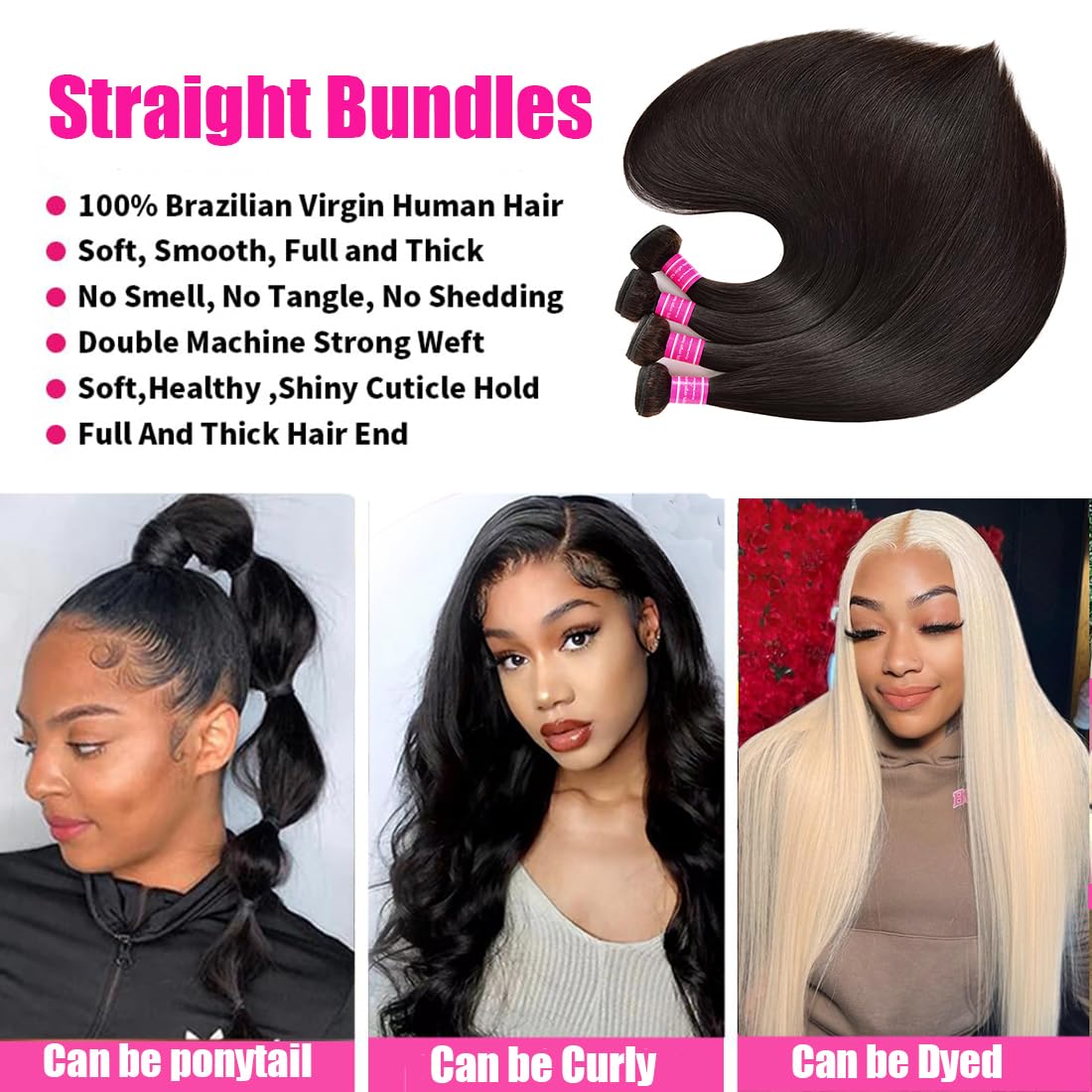 Straight Bundles Human Hair 22 24 26 28 Inch 4 Bundles Straight Hair 12A Double Weft 200% Density Hair Extensions for Women 100% Unprocessed Virgin Human Hair Weave Natural Color Black