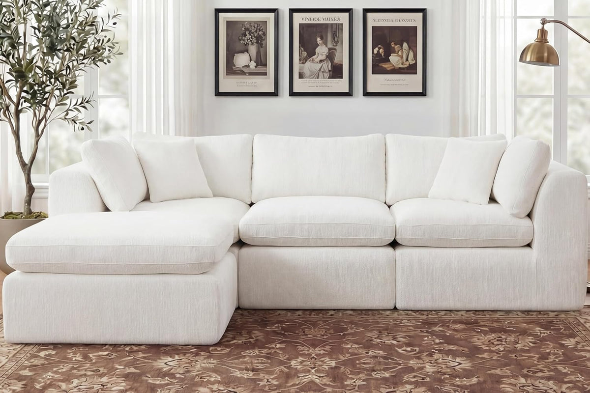 GRUSIGN 110'' Oversized Cloud Sectional Boneless Couch for Living Room, Modern Big Compressed L Shape Couch with Ottoman & 2 Throw Pillows, Chenille Deep Seat Memory Foam Spineless 4 Seater Sofa,Beige
