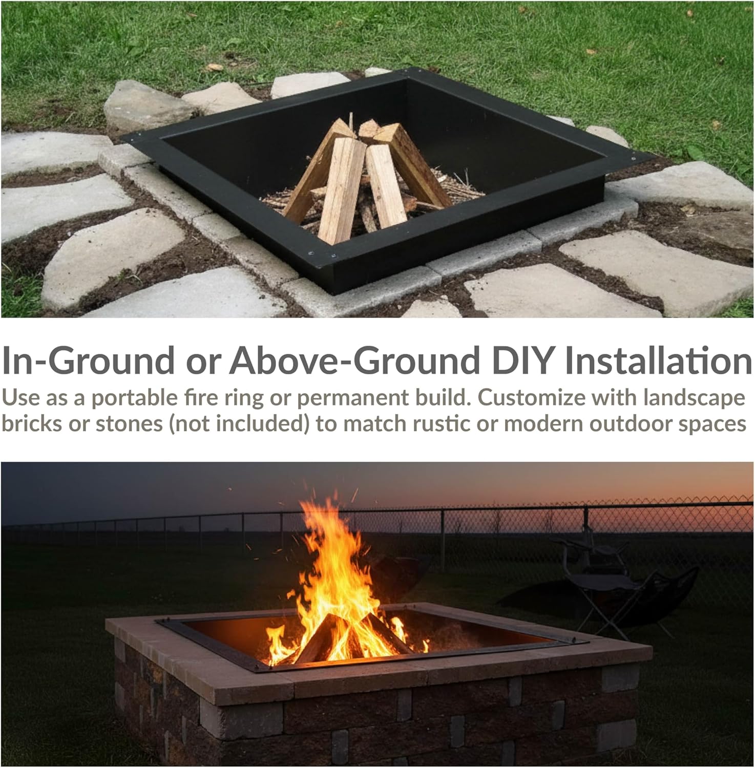 Sunnydaze Fire Ring for Outside - Heavy-Duty Wood-Burning Metal Fire Pit Ring Insert - 36-Inch Square Outer/30-Inch Square Inner Diameter