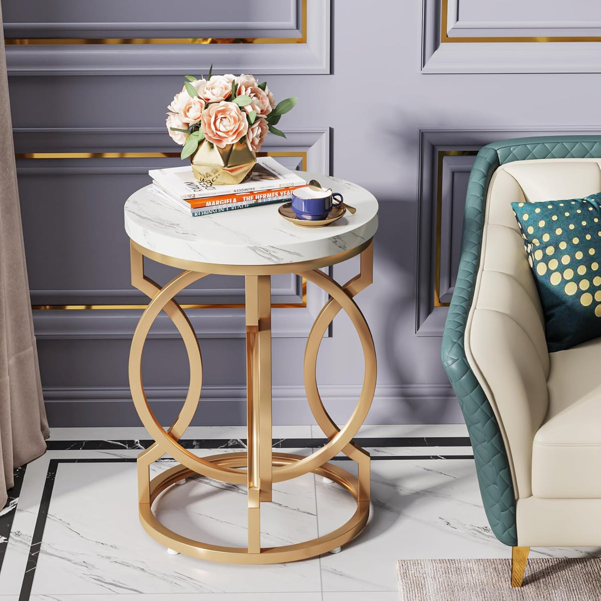 Tribesigns Modern Round End Table Set of 2 with Thickened Tabletop, 20" Gold Side Table with Unique O-Shaped Metal Base, Midcentury Nightstand for Living Room Bedroom, White + Gold