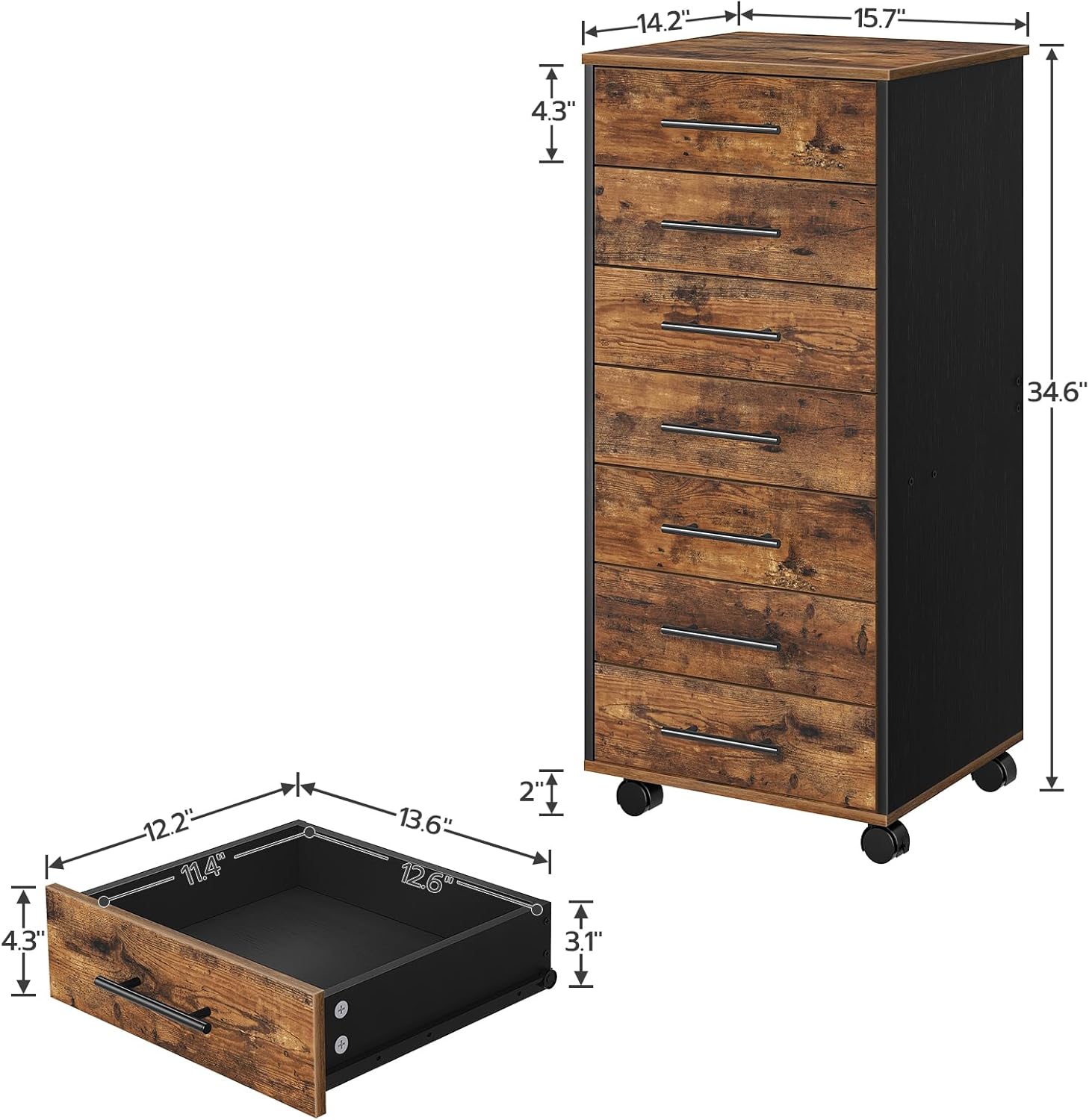 HOOBRO 7-Drawer File Cabinet, Wooden Office Cabinet with Drawers, Mobile Storage Filing Drawer for Home Office, Study, Easy Assembly, Rustic Brown and Black BF07WJ01