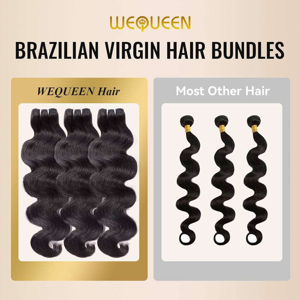 WEQUEEN Body Wave Bundles Human Hair 16A Brazilian Virgin Hair Bundles, Silky and Soft, 18 20 22 Inch Thick Weave Natural Black