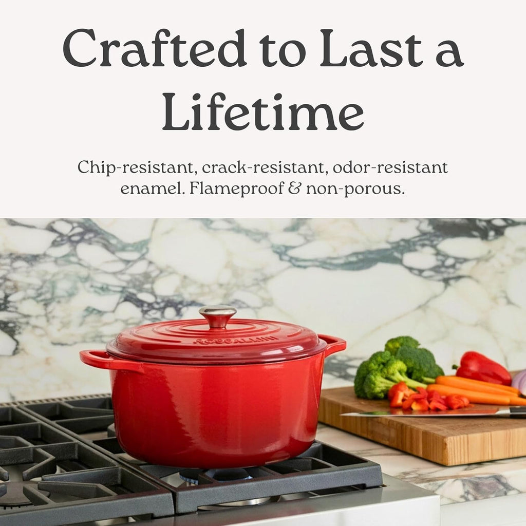 ROSSALLINI Signature Enameled Cast Iron Oval Dutch Oven | Non-Stick Serving Pot with Tight Fitting Lid for Perfect Roasting, Baking, Sauteing, and Bread Making | 5Q Red