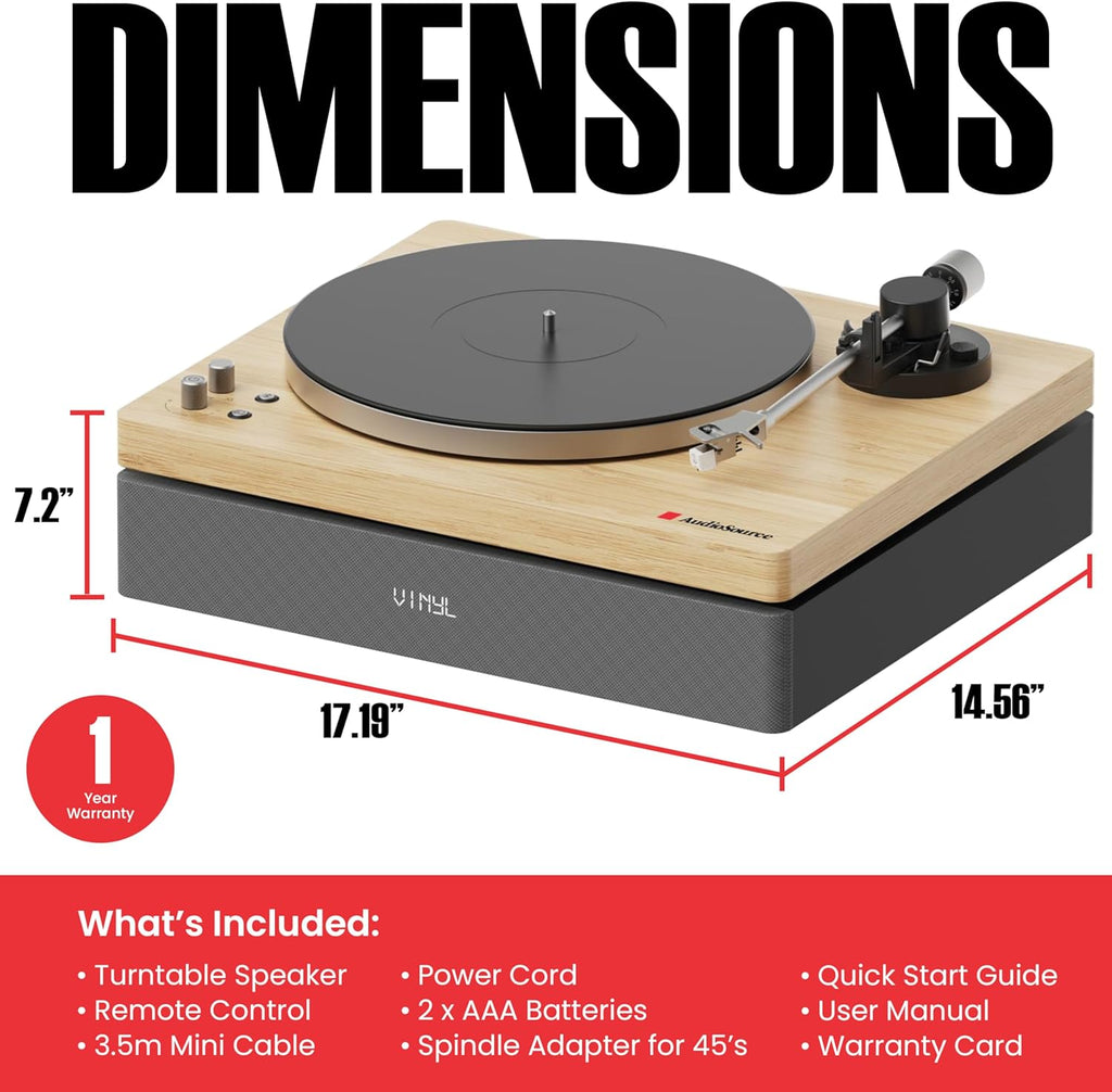 AudioSource Vinyl Record Player, All-in-one Turntable with 2.1 Channel Built-in Speaker, Bluetooth 5.4, 120W, Built-in Subwoofer, High Fidelity 2-Speed Belt Drive, Patented Isolation System, AT-3600L
