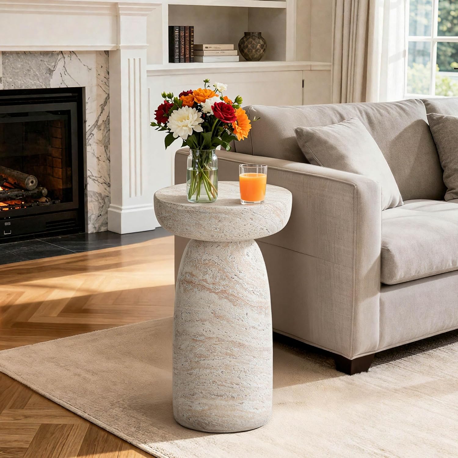 24" Outdoor Side Table, Large Modern Geometric Pedestal End Table, Decorative Patio Coffee Table for Balcony & Porch, Small Space Saving Accent Table, Planter Stand for Garden or Living Room