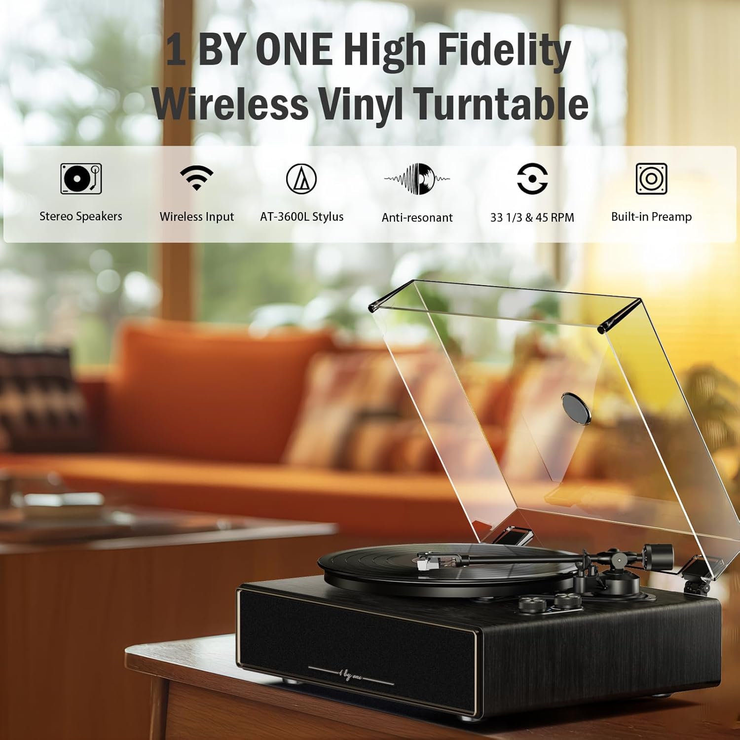 1 BY ONE High Fidelity All-in-One Record Player, Vinyl Turntable with Built-in Speakers, Magnetic AT-3600L Cartridge, RCA Line Out, Belt-Drive Stereo Turntable