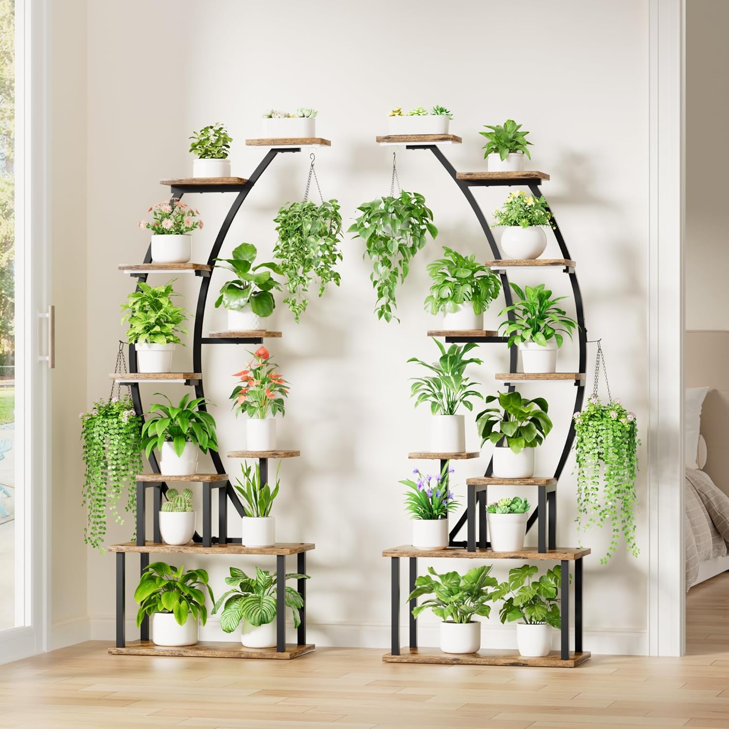 BACEKOLL Plant Stand Indoor with Grow Lights, 9 Tiered Metal Plant Shelf, 64" Tall Plant Stand for Indoor Plants Multiple, Large Plant Rack Display Shelf, Curved Plant Holder for Living Room, Patio