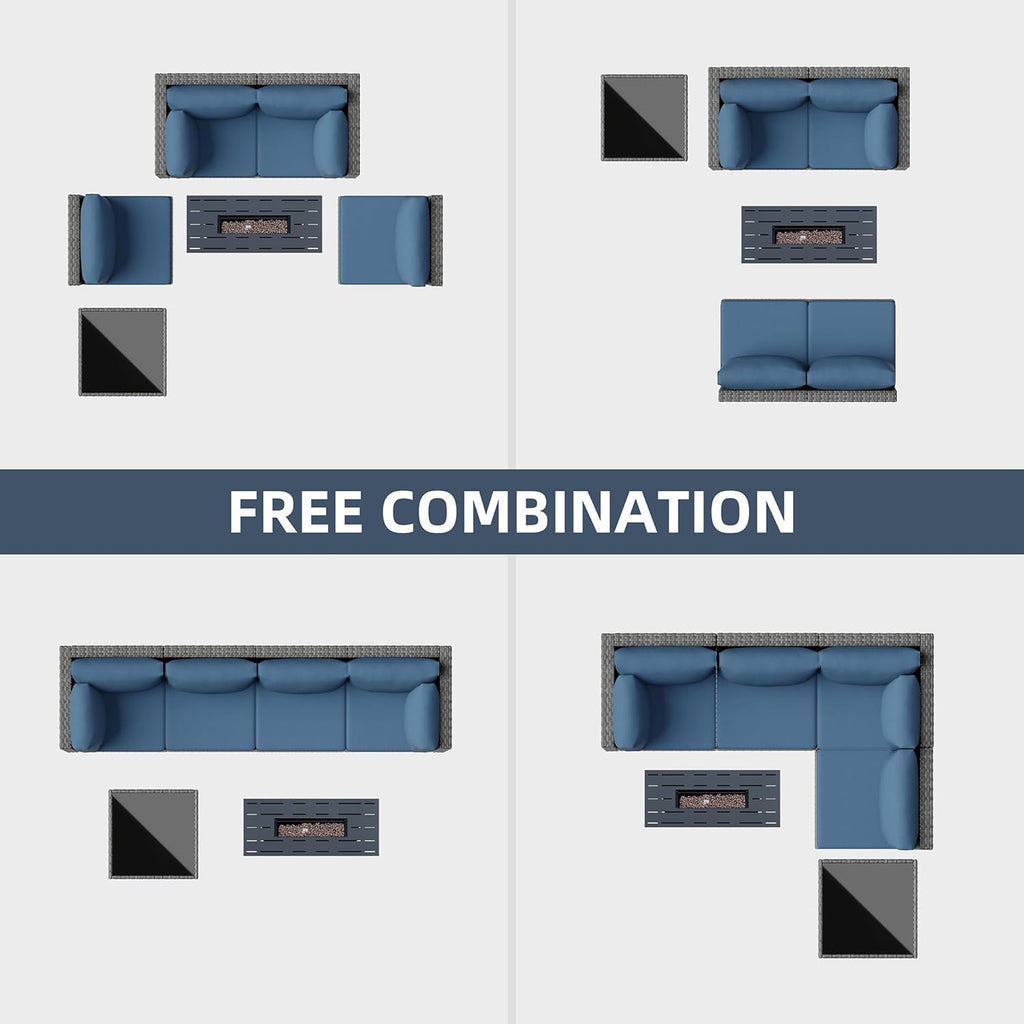 SUNLEI 5 Piece Outdoor Patio Furniture Set with Fire Pit Table, Silver PE Rattan Wicker Conversation Sofa Set with Blue Cushions, All Weather Sectional Patio Couch for Backyard, Deck, Garden, Porch