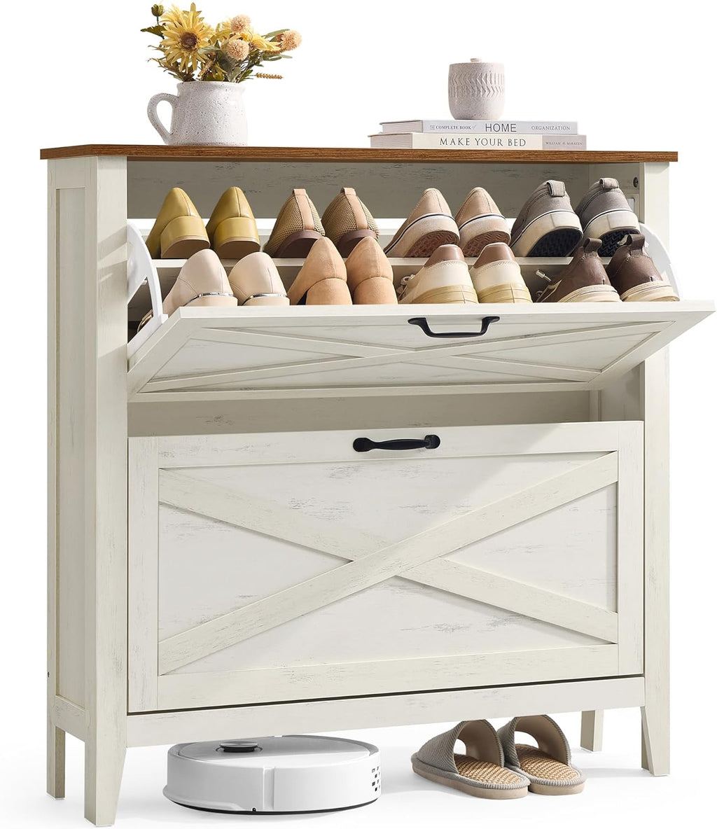 VASAGLE LIRY Collection - Shoe Storage Cabinet Organizer with 2 Flip Drawers, Freestanding Narrow Shoe Rack Cabinet for Entryway, Farmhouse Style, Fits 12 to 16 Pairs, Rustic White UHSC201W01