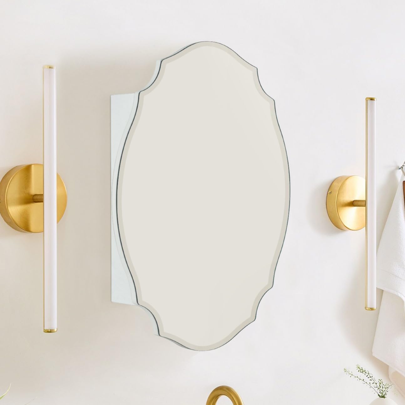 TOMACE Frameless Assymetrical Oval Medicine Cabinet with Beveled Mirror Irregular Surface Bathroom Medicine Cabinet Mirror with Storage for Bathroom 19'' H x 24'' W