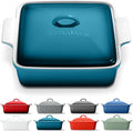 ROSSALLINI Stoneware Casserole Dish Bakeware with Lid | Covered Square Dinnerware | Large 2.5 Quart, Ocean Blue