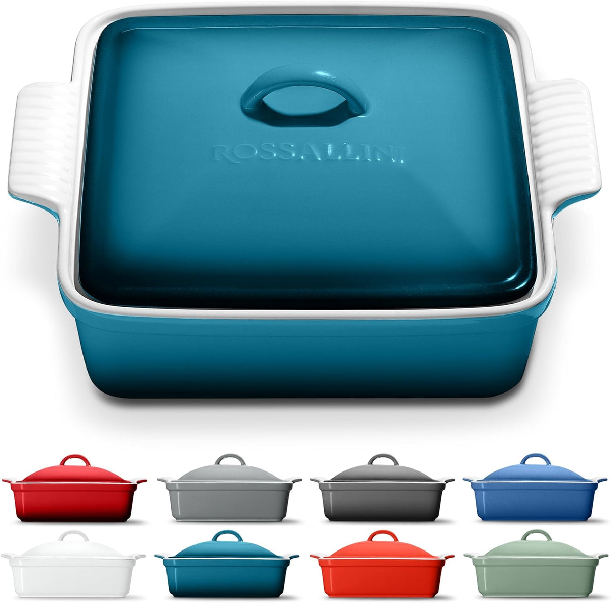 ROSSALLINI Stoneware Casserole Dish Bakeware with Lid | Covered Square Dinnerware | Large 2.5 Quart, Ocean Blue