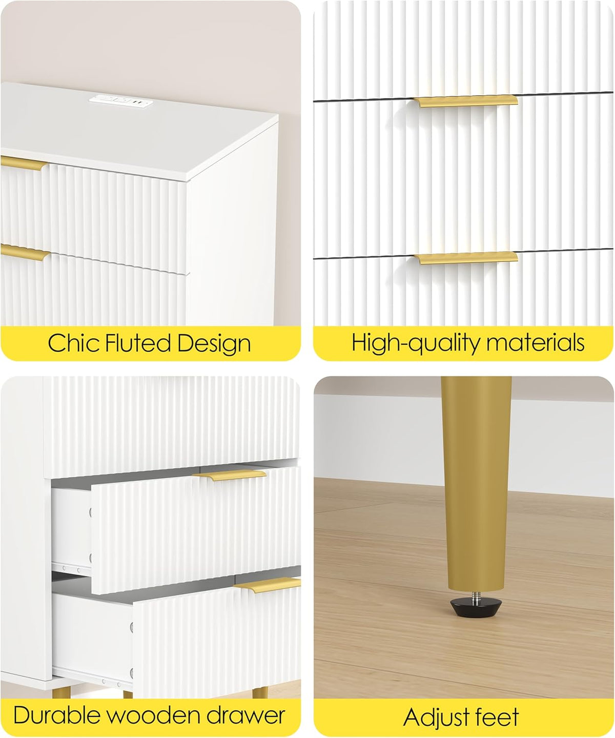 Akxomel 3 Drawer Nightstand with Charging Station, 23.2" W Large Fluted Night Stand, Modern Bedside Table with USB Ports and Outlets, for Bedroom, White and Gold