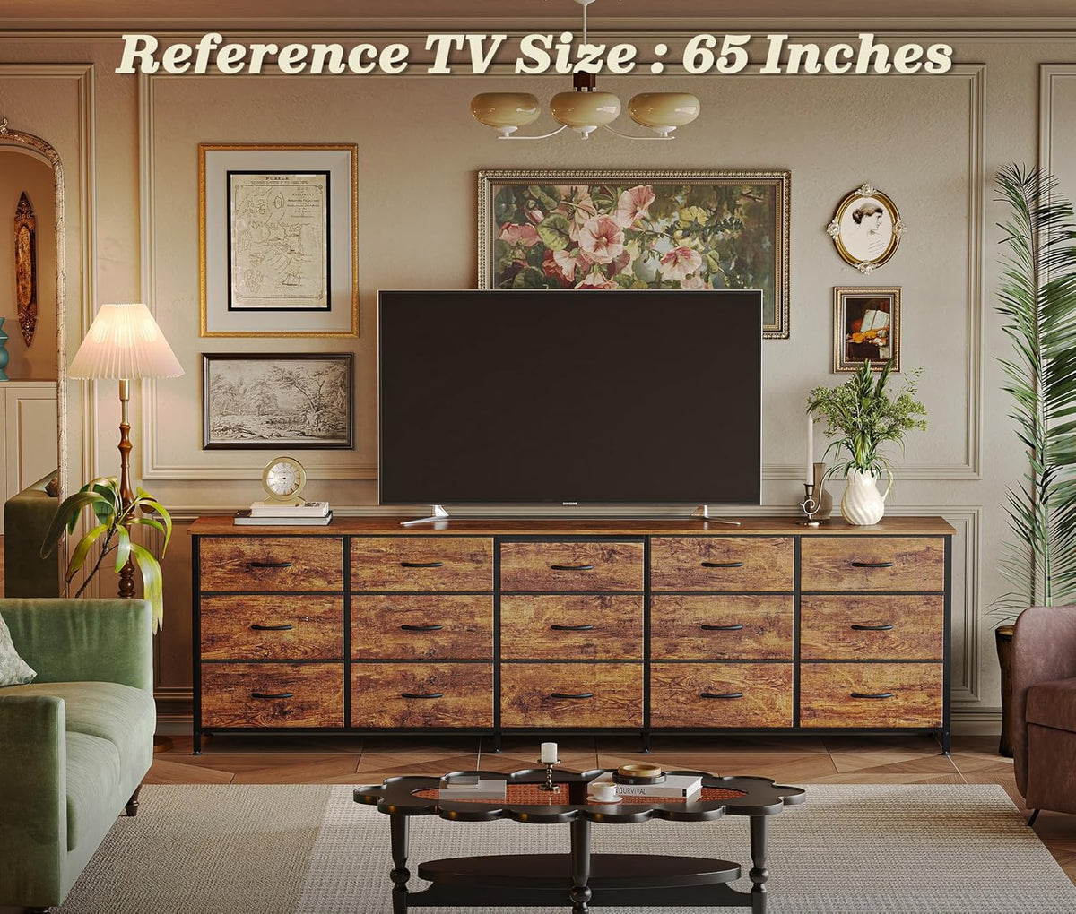 Huuger 78.7 inch Long Dresser for Bedroom, 15 Drawer Fabric Dresser for Closet, Large TV Stand for 65, 75, 85 inch TV, Wide Chest of Drawer with Storage, 78.7" W x 12.9" D x 26.7" H, Rustic Brown