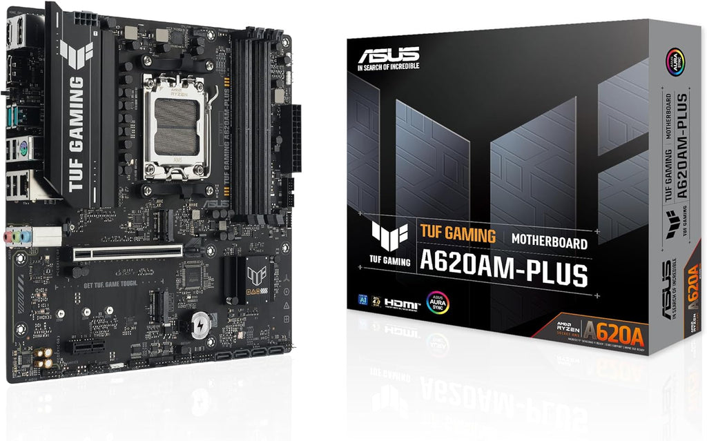 TUF Gaming A620AM-PLUS WiFi AMD A620A mATX Motherboard, 8+2+1 Power Stages, DDR5, PCIe 4.0, Dual M.2 Slots, WiFi 6, 2.5Gb Ethernet, Dual DisplayPort, HDMI, Rear USB-A 10Gbps, Front USB-C 10Gbps