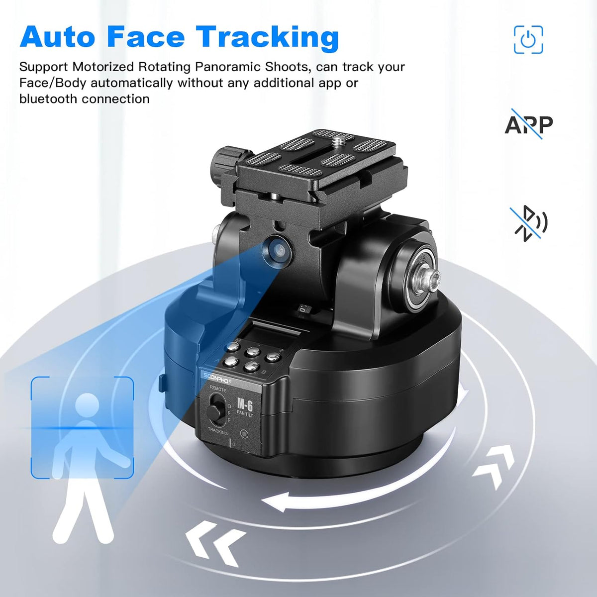 Soonpho M6 Auto Face Tracking Motorized Rotating Panoramic Tripod Head,AI Smart Face Body Tracking Remote Control Pan Tilt Head with Remote Control and Mobile Phone Clip for DSLR Cameras/Camcorders