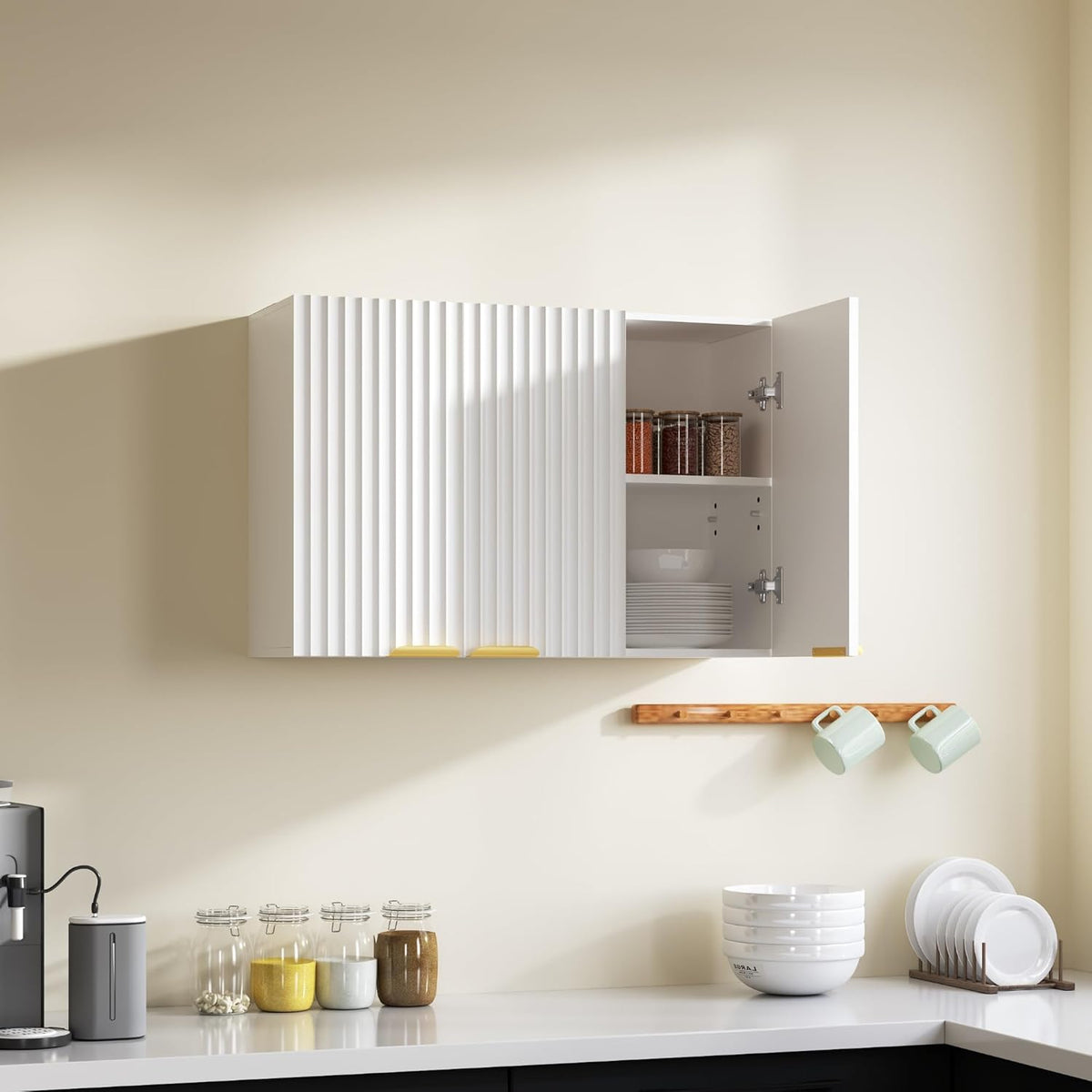 ChooChoo 3-Door Bathroom Wall Cabinet, Fluted Kitchen Wall Cabinet with Adjustable Shelf, Wall Mounted Storage Cupboard for Bathroom, Laundry Room, Entryway, Garage, White