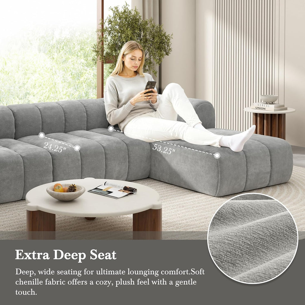 Christopher Knight Home Mania 122" Modular L-Shape Sofa Couch with Chaise Lounge, Modern Sectional Sofa Set for Living Room, Boucle Fabric Upholstered Cloud Couch with Deep Seat, Gray