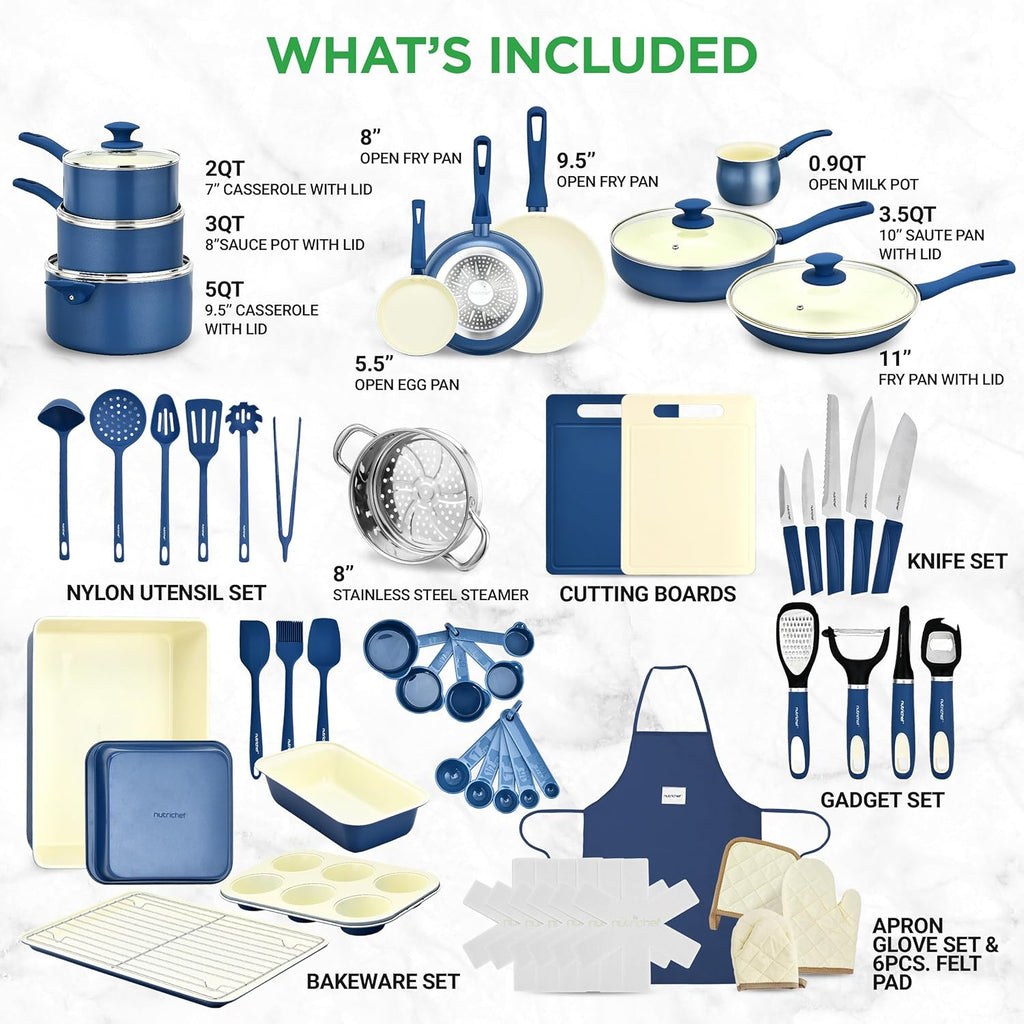 Nutrichef 54 Piece Professional Grade Complete Home Kitchen Cookware Set, Ceramic Non-Stick Bakeware, Pot and Pans Kit, Cool-Touch Handles, Safe for Gas, Electric, Induction Cooktops, Easy Clean