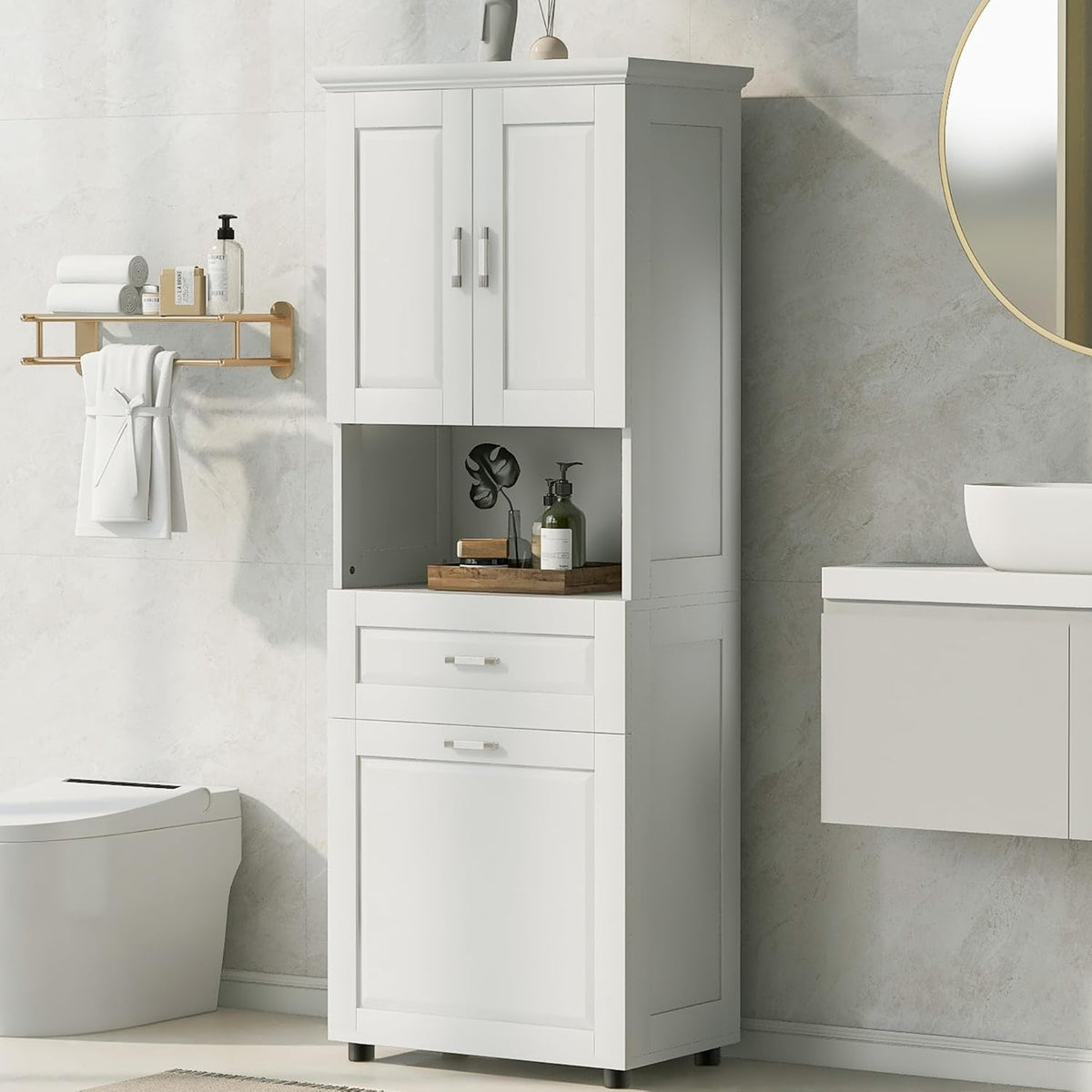 Tall Storage Cabinet, Bathroom Floor Freestanding Storage Cabinet with 2 Doors, One Drawer, and Tilt-Out Laundry Hamper for Bathroom, Office, Living Room, White