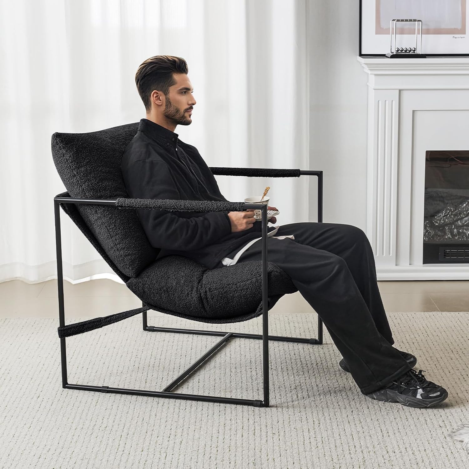 Furnilivng Large Sling Accent Chair, Comfortable Boucle Fabric Arm Chair, Upholstered Cozy Reading Chair for Living Room, Bedroom, Dressing Room, Home Office (Black, Set of 2)